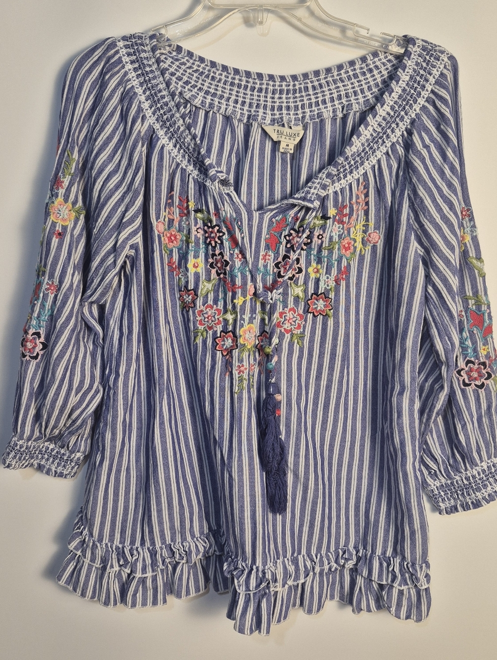 Tru Luxe Jeans Embroidered Peasant Blouse Blue Stripe Boho Tassel Top M